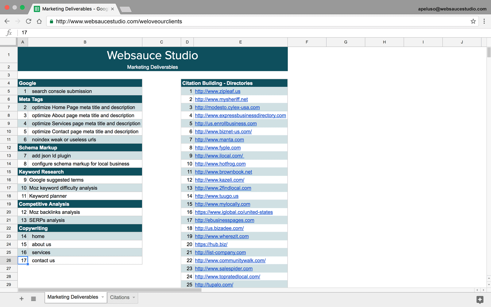 Google Sheets Spreadsheet SEO Marketing Deliverables For Client
