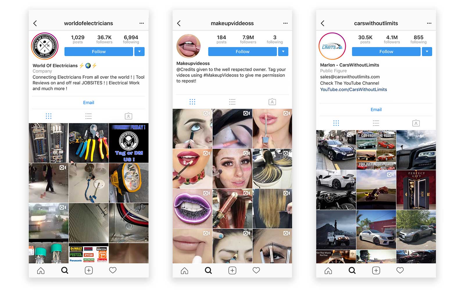 instagram accounts worldofelectricians makeupvideos carswithoutlimits
